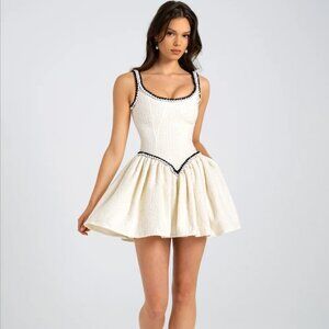 Miss Circle Coco White Boucle Tweed V Waist Mini Dress - White Mini Dress